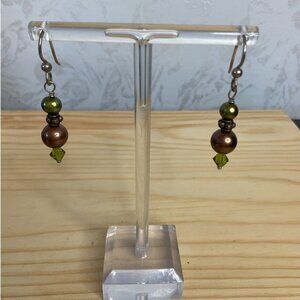Green and Copper Tone Pierced Dangling Ball Bead Earrings